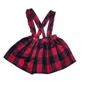 Disney Girls 5T Red Black Buffalo Plaid Flannel Suspender Skirt Ruffle Straps